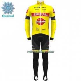 Fietskleding (Fietsshirt Lange Mouw + Lange Koersbroek) 2022 Bingoal Pauwels Sauces WB Winter Thermal Fleece - Rood Neongeel